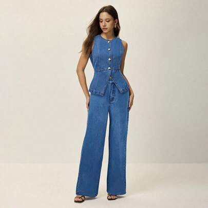 Women's Casual Denim Vest And Jeans 2-Piece Set | SHEIN