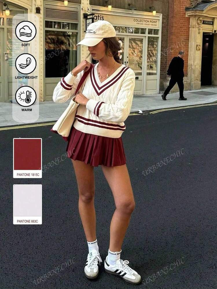 Women's Autumn And Winter Y2K College Style Casual Contrast Color V-Neck Dropped Shoulder Long-Sleeved Fried Dough Twist Pattern Casual Autumn And Winter Sweater/Cute Top/Winter Outfit For Women/Fall Clothes, Comfortable, Suitable For Casual Wear, Daily Wear, Dating, Home Wear, Office Wear, Party Gatherings, Festivals, Shopping, Halloween, Christmas, Thanksgiving, Holidays/Touch Like Woolen | SHEIN