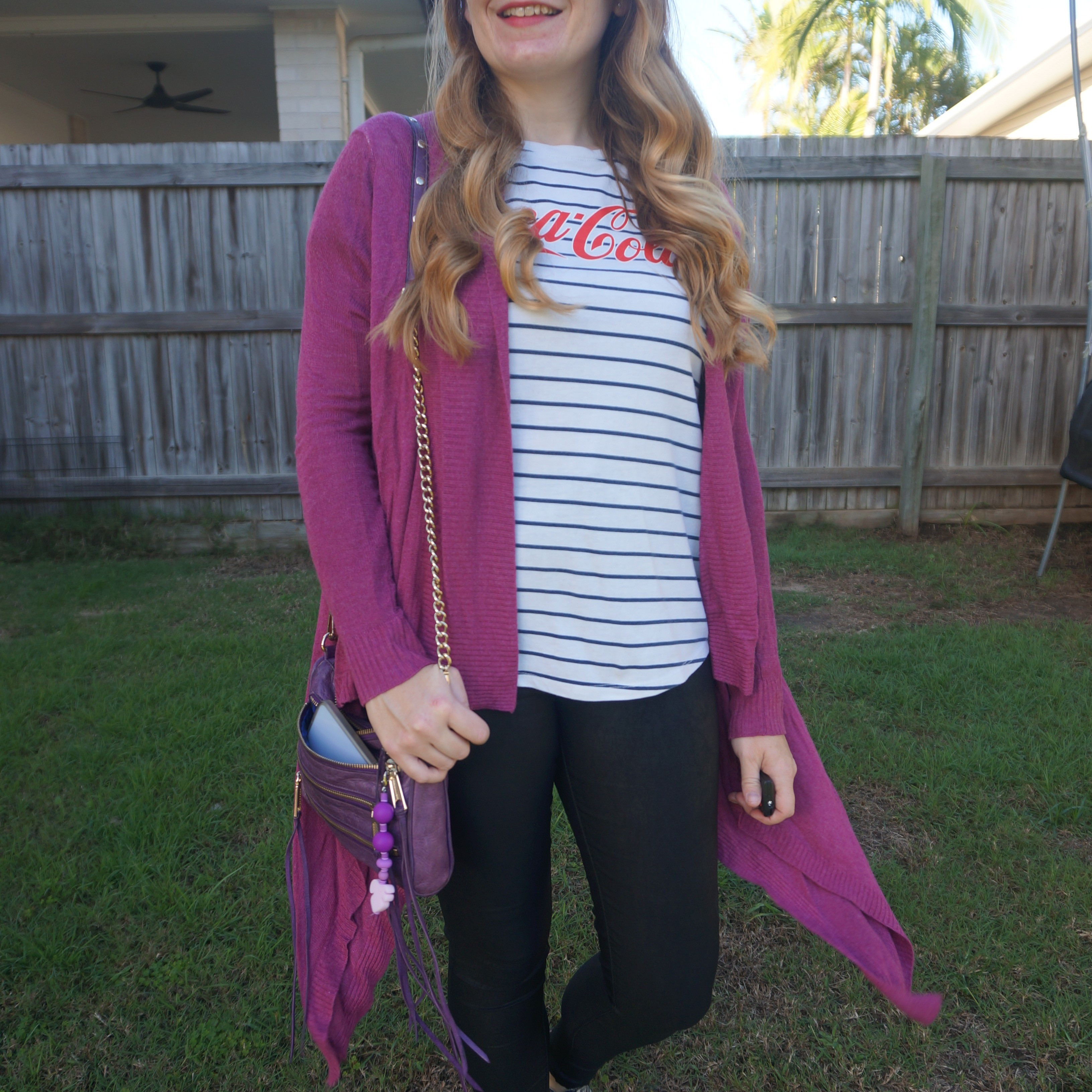 Coca-Cola logo striped tee with coated skinny jeans, magenta Jeanswest waterfall cardigan and purple Rebecca Minkoff mini 5-zip bag 💜

#LTKaustralia #LTKwinter #LTKbag
