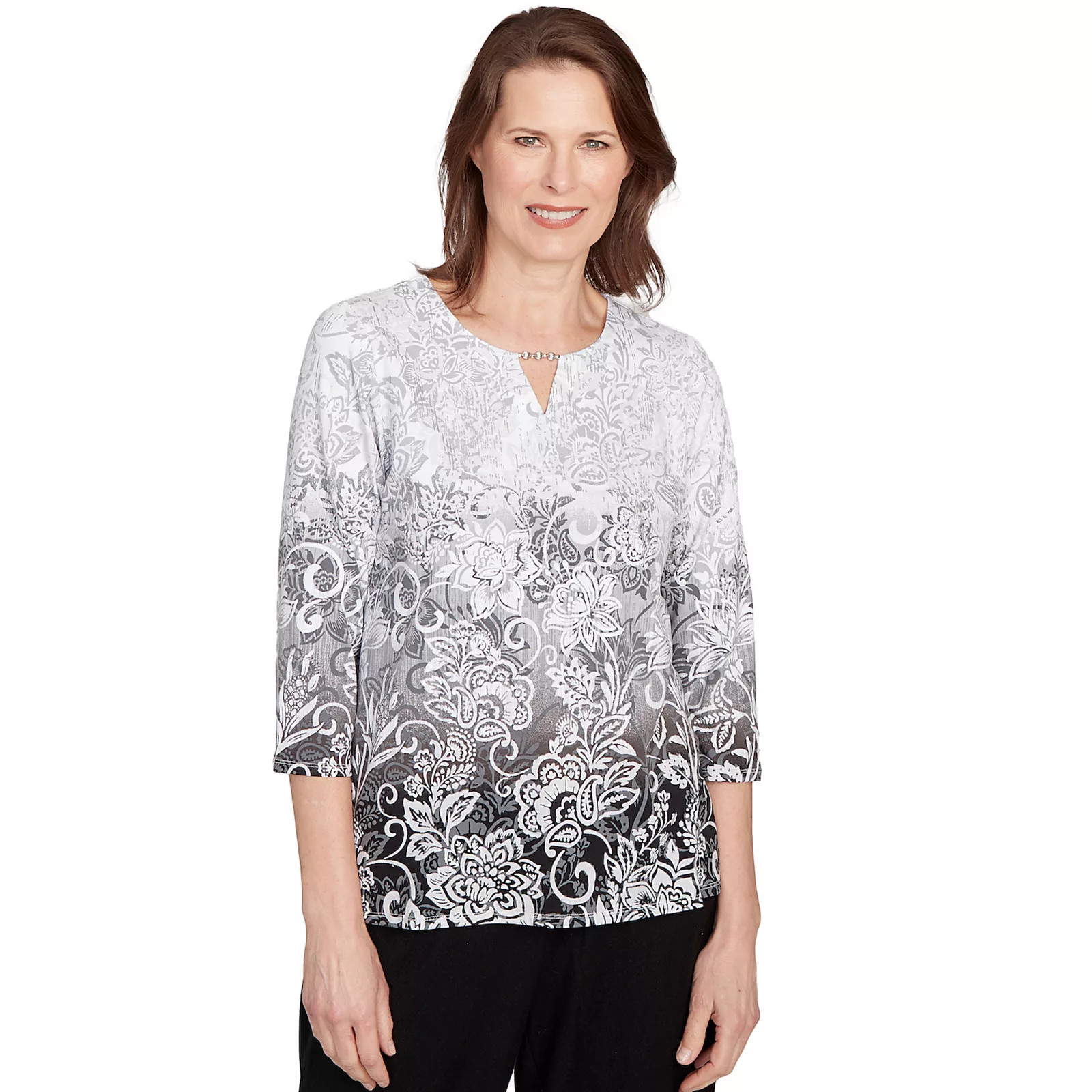Women's Alfred Dunner Ombre Scroll Split Beaded Neck Top, Size: Small, Gray | Kohl's
