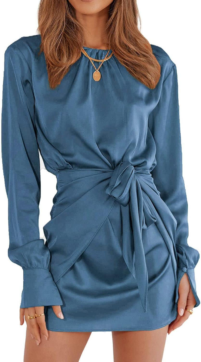 BTFBM Women Casual Long Sleeve Ruched Wrap Dress Crew Neck Tie Waist Short Dresses Solid Party Dr... | Amazon (US)