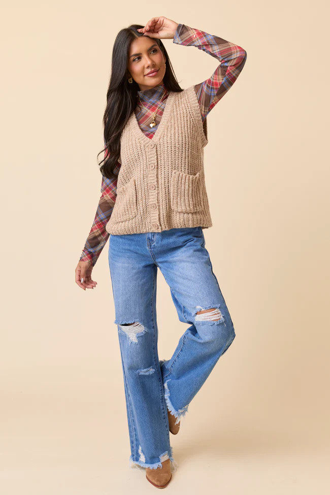 Ruthie Beige V-Neck Sweater Vest | Pink Lily