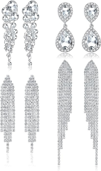 THUNARAZ 4 Pairs Silver Clip on Earrings for Women, Sparkly Rhinestone Tassel Chandelier Teardrop... | Amazon (US)