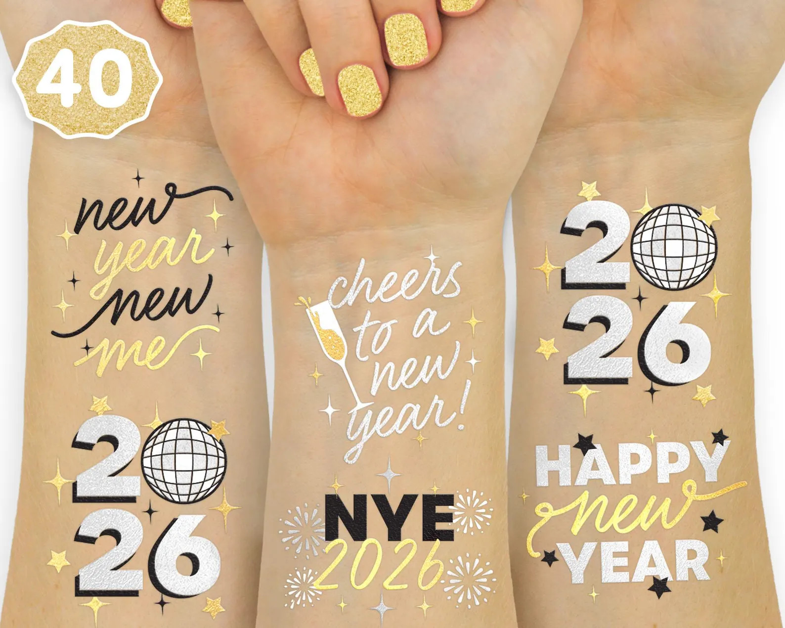 Xo, Fetti New Years Eve Party Supplies Tattoos - 40 Gold and Silver Foil Styles | NYE Party Favor... | Etsy (US)