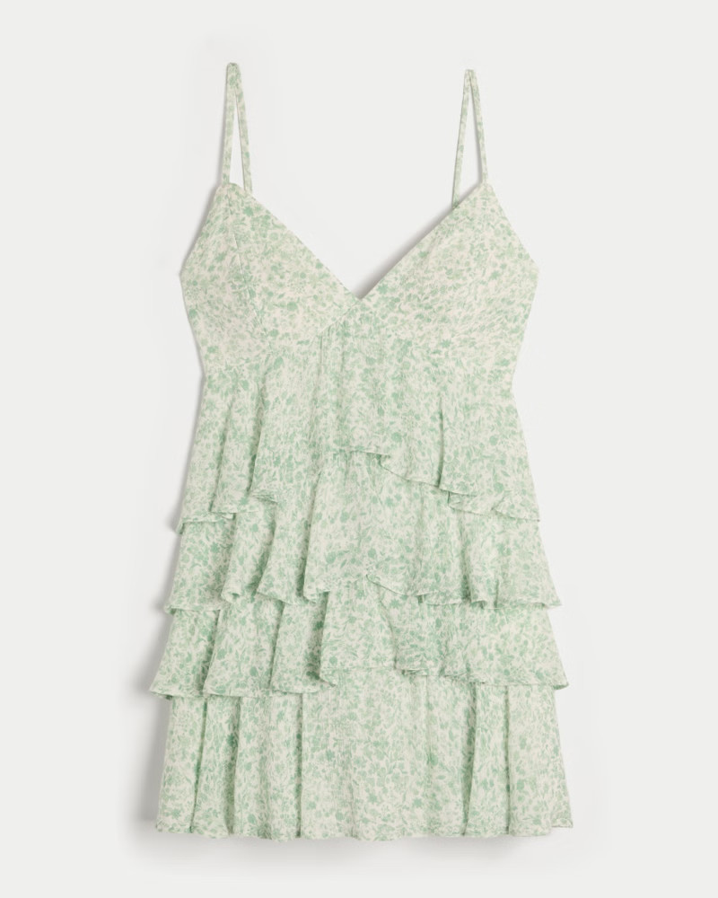 V-Neck Ruffled Tier Babydoll Mini Dress | Hollister (US)
