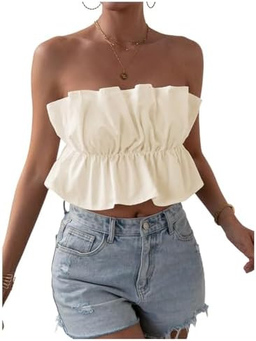 GORGLITTER Women's Strapless Bubble Tube Tops Ruffle Open Back Sleeveless Cute Summer Bandeau Pep... | Amazon (US)
