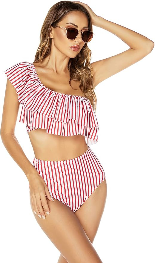 VIMPUNEC Ruffle One Shoulder Swimsuits for Women Cute High Waisted Two Piece Bathing Suits | Amazon (US)