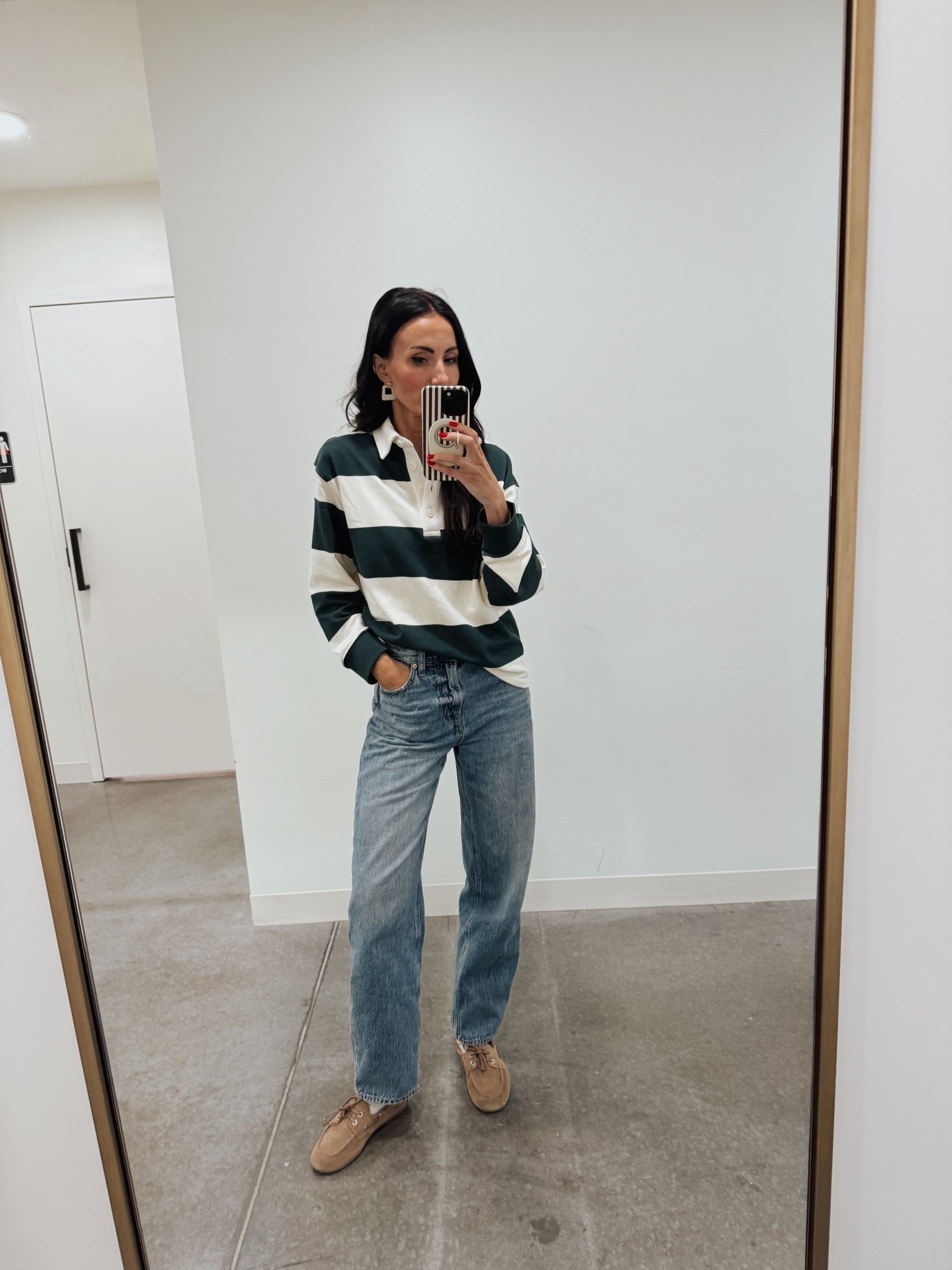 These boat shoes are so comfy- I wear them all the time. And this is the perfect rugby top- love that this is off white instead of white. Linking the whole fit.