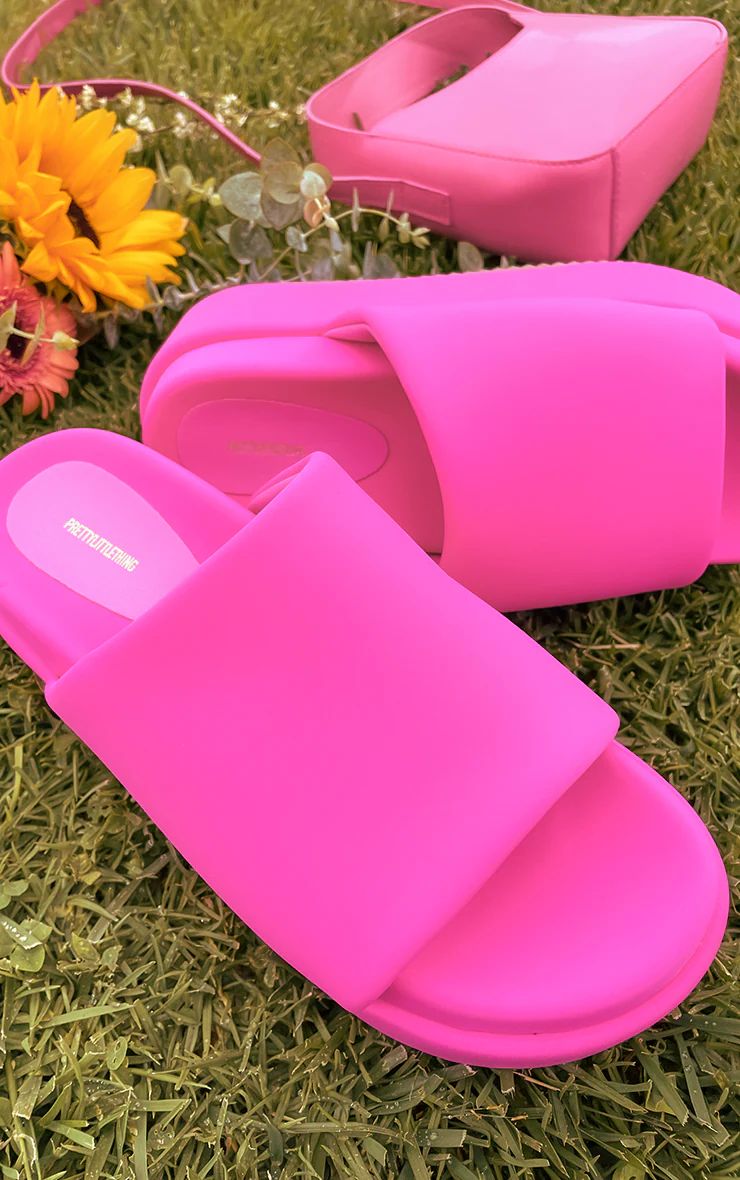 Hot Pink Stretch Lycra Round Toe Extra Chunky Platform Sandals | PrettyLittleThing US