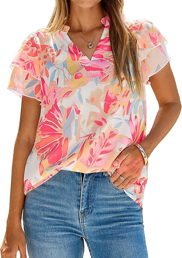 Simplee Women Dressy Casual Blouses Summer Chiffon Floral V Neck Boho Ruffle Short Sleeve Work Bu... | Amazon (US)
