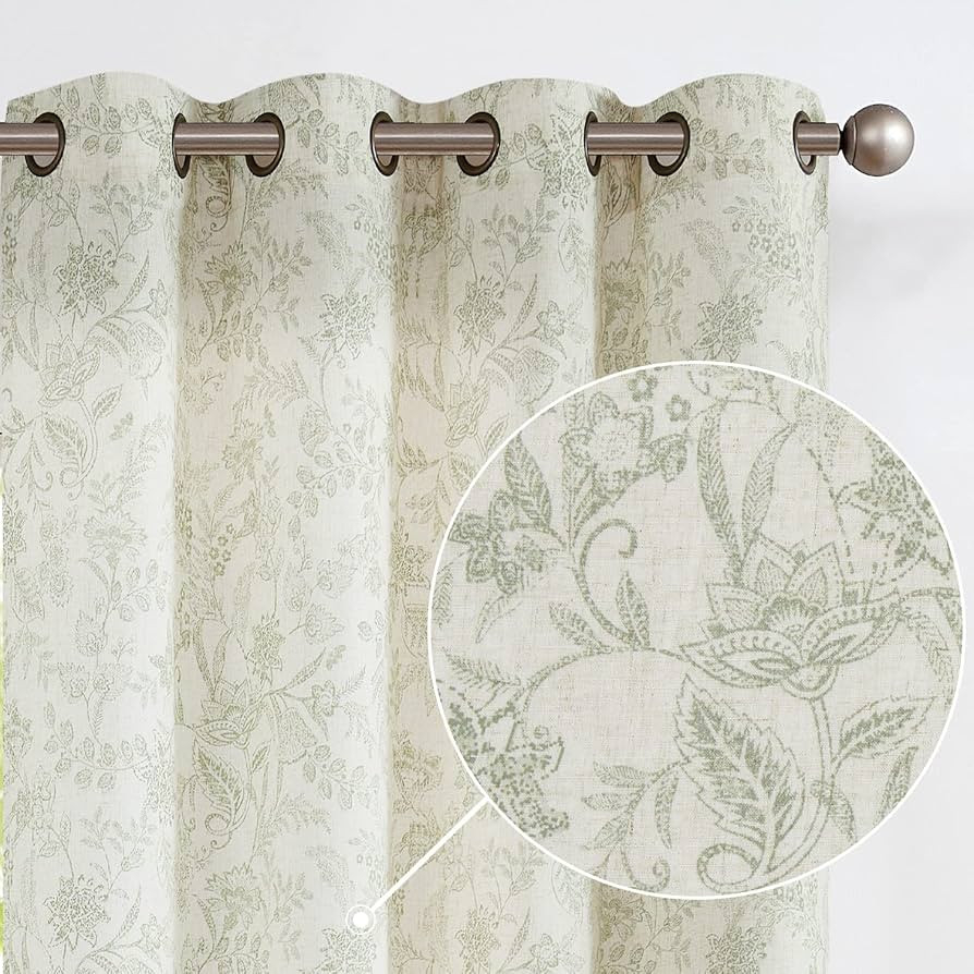 Vangao Green Floral Linen Curtains for Living Room 96 Inches Long Farmhouse Curtains for Bedroom ... | Amazon (US)
