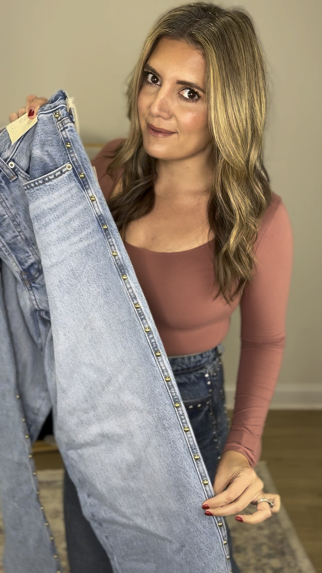 Reformation vs target studded jeans! Both wide leg with studded details but Target are only $36 vs $218! In a 29 in the reformation, 8 in target (size down if in between sizes).