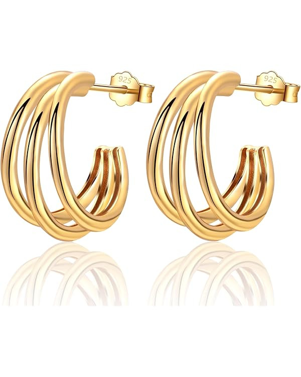 EPIRORA Sterling Silver Gold Earrings for Women,Hypoallergenic Triple Hoop Earrings| Three Chunky... | Amazon (UK)
