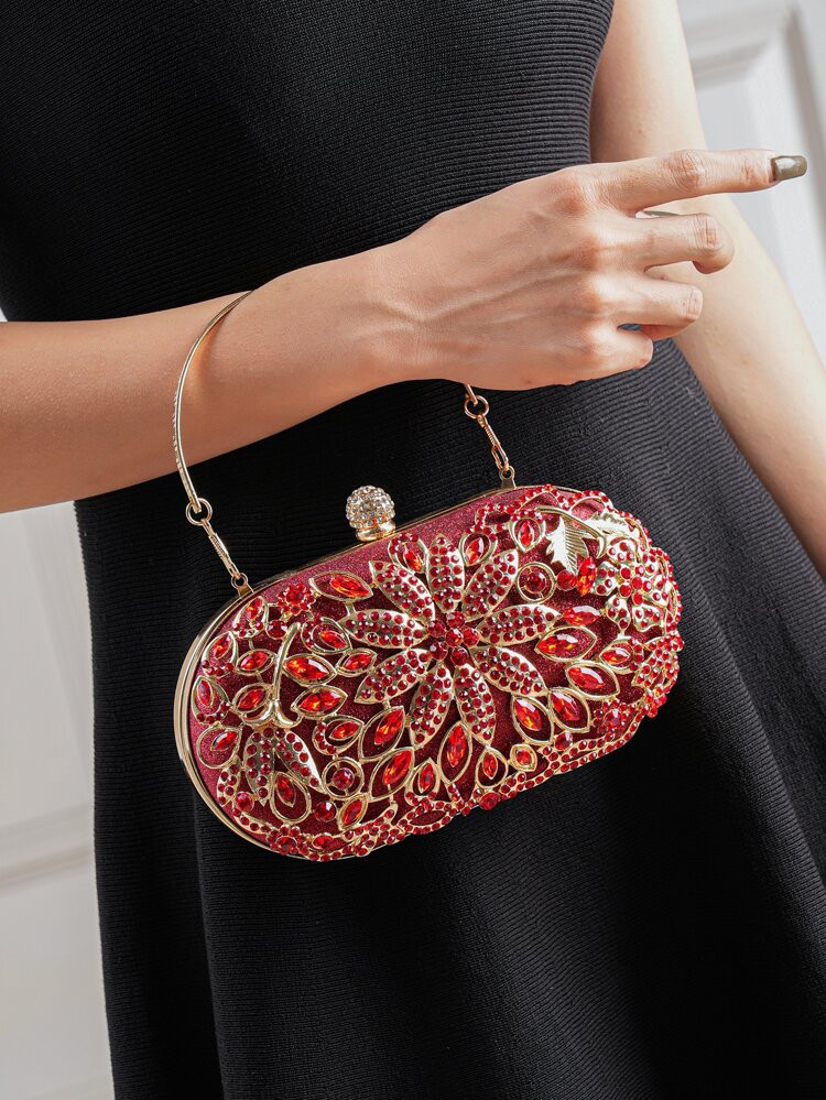 Mini Rhinestone & Leaf Decor Chain Glitter Box Bag | SHEIN