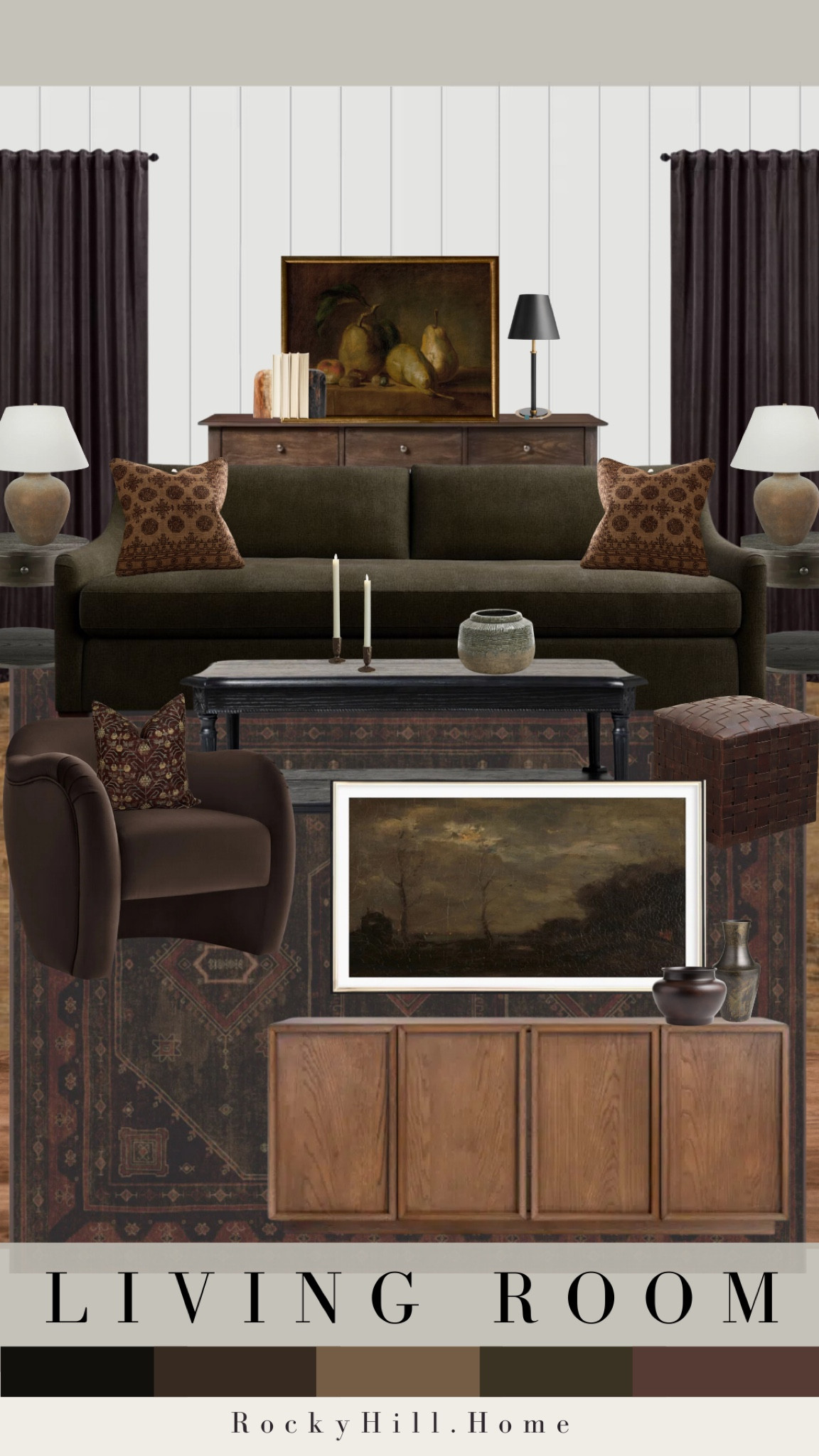 Moody Living Room Mood Board

The rich color trend in action! I love the contrast of medium toned wood in a room layered in dark textiles 

pottery barn green sofa, wood tv stand, brown chair, dark rug, black coffee table, studio mcgee target console table, buffet lamp

#LTKHome #LTKFindsUnder50 #LTKSaleAlert