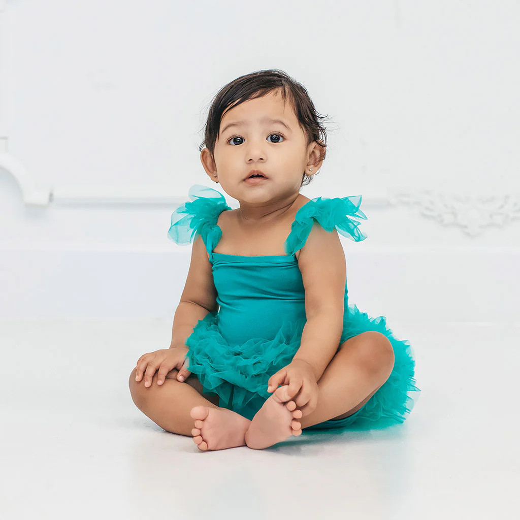 Solid Tulle Green Spaghetti Strap Baby Bodysuit | Signature Teal | Posh Peanut