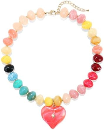 Elegance 11 designs Chunky Heart Necklace for Women, Colorful Acrylic Beaded Statement Puff Heart... | Amazon (US)