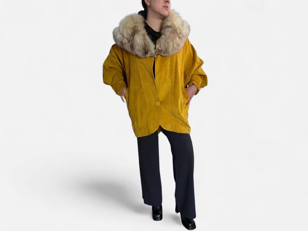 80s Fur Collar Suede Coat Mustard Yellow Oversized Glam Batwing - Etsy | Etsy (US)