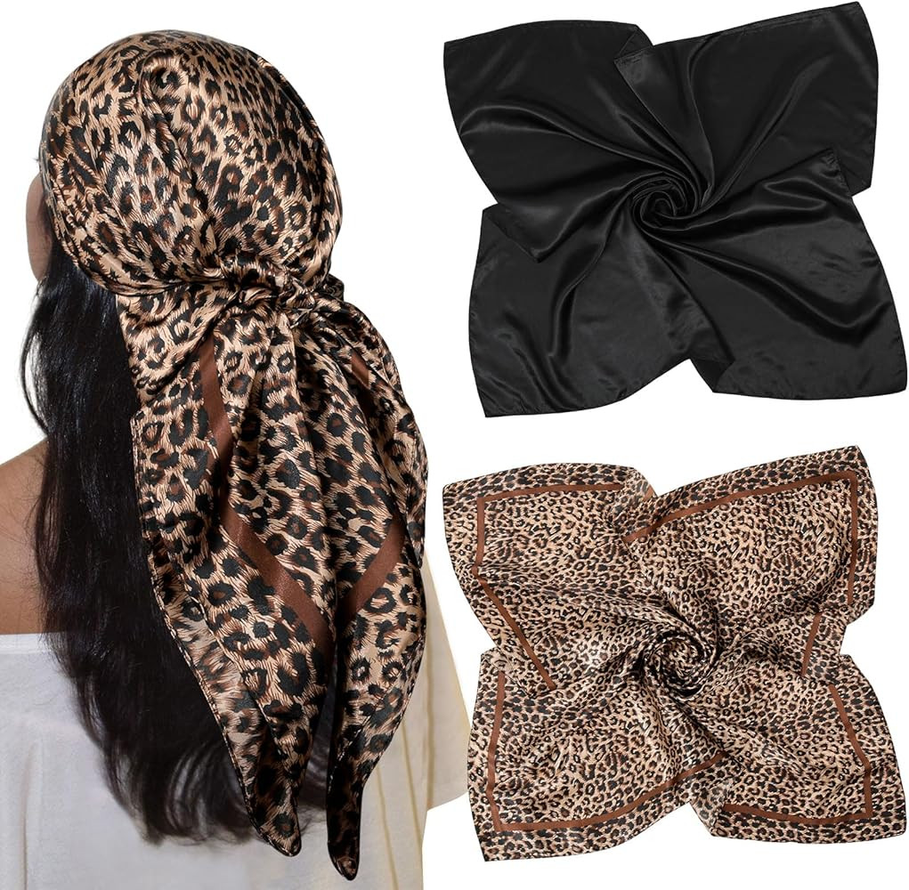 AWAYTR 35” Large Satin Square Head Scarf - 2Pcs Silk Like Floral Head Scarves Square Satin Hair... | Amazon (US)