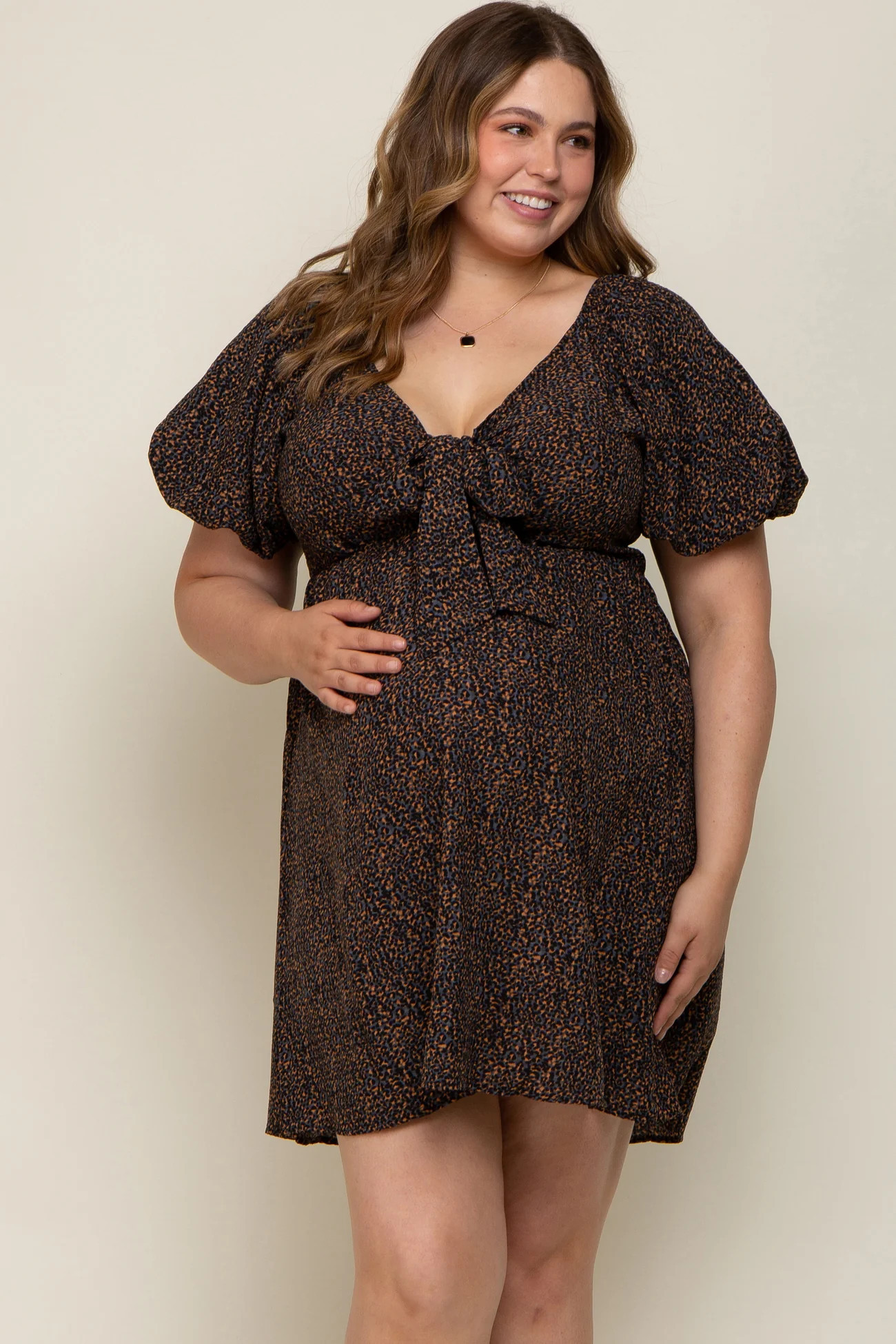 Navy Cheetah Print Knotted Puff Sleeve Plus Maternity Dress | PinkBlush Maternity
