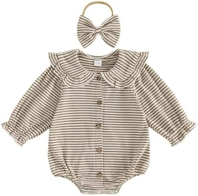 Newborn Baby Girl Waffle Romper Striped Peter Pan Collar Long Sleeve Button Up Bodysuit Cute Fall... | Amazon (US)