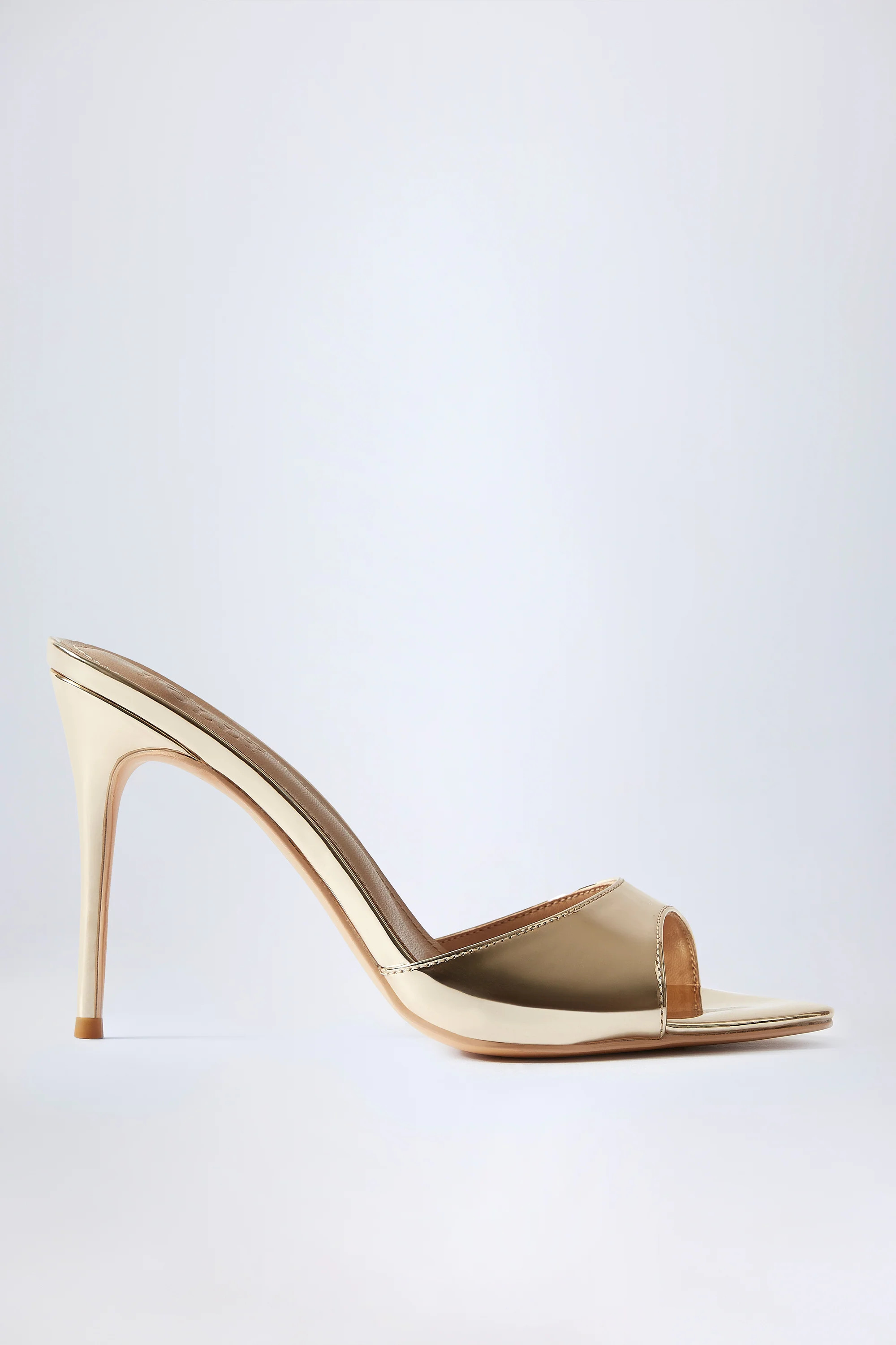 Almond-Toe Heeled Mules in Mirrored Gold | Oh Polly