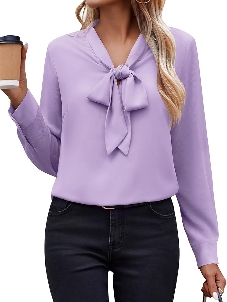 Zeagoo Womens Blouses Chiffon Long Sleeve Shirts Bow Tie Neck Work Tops Business Casual Outfits | Amazon (US)