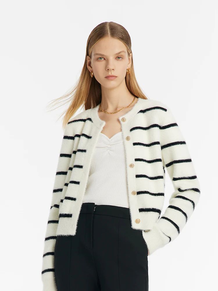 Eco-Friendly Mink Knitted Striped Women Cardigan | GOELIA