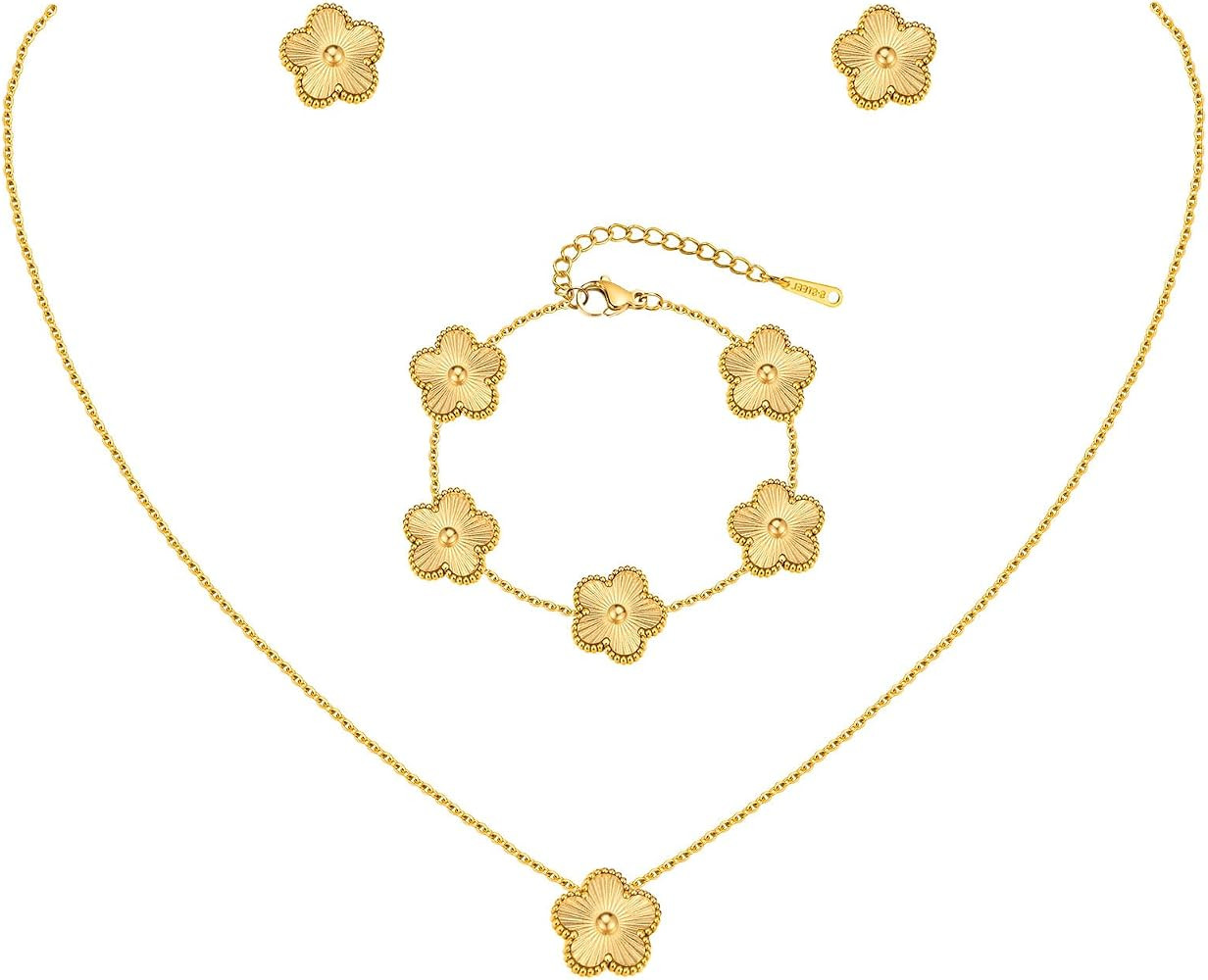 Gold Necklaces Bracelets Earring Set - 18K Gold Plated Flower Bracelet Chain,Stainless Steel Non ... | Amazon (US)