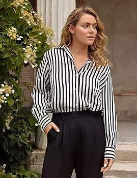 LilySilk Womens 16MM Pure Silk Shirt Ladies Blue/Black/Red White Pinstripes Blouse with V Neck an... | Amazon (UK)