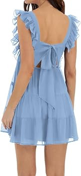 Women’s Summer Square Neck Tie Back Ruffle Sleeve Tiered Casual A-Line Short Mini Dress | Amazon (US)