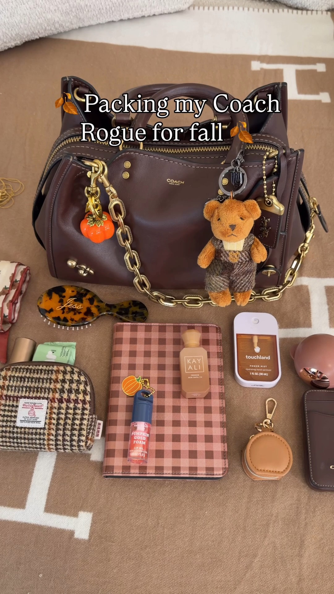 What fits in a Coach Rogue 31 🍂 Fall Edition 🍂 Comment SHOP & I’ll dm you the links 🤎

What’s in my bag:
Rogue 31 inserts from Amazon
Gel reusable washable lint roller ball
Harris tweed pouch
KayAli mini perfume 
Fall printed bandaids
Bath and body works pumpkin cold foam lip gloss
Mini wet wipes packets 
Touchland pumpkin spice hand sanitizer
Mini ring holder 
Custom personalized hairbrush from Etsy
Coach outlet wallet 
Plaid kindle case for fall
Pumpkin bag charm
Bag chain
Harris tweed islander UK bear charm