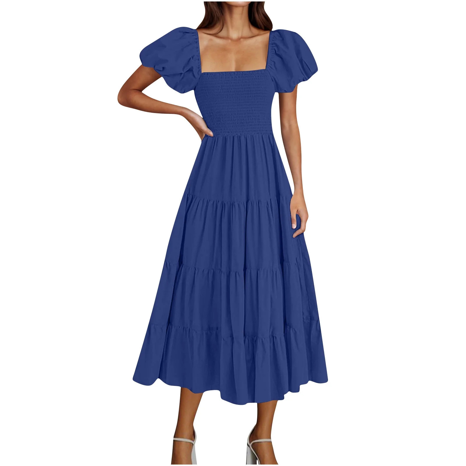 Women's Loose Casual Puff Sleeve Long Solid Color Printed Summer Dress - Walmart.com | Walmart (US)