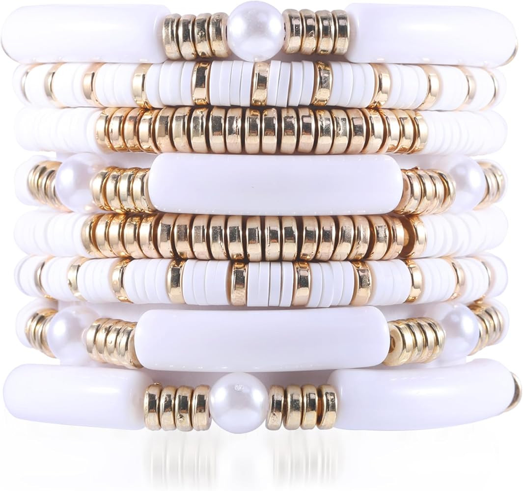 Clay Bead Bracelet for Women, 8 PCS Preppy Bracelets Stack Bangle Bracelets Bamboo Tube Heishi Be... | Amazon (US)