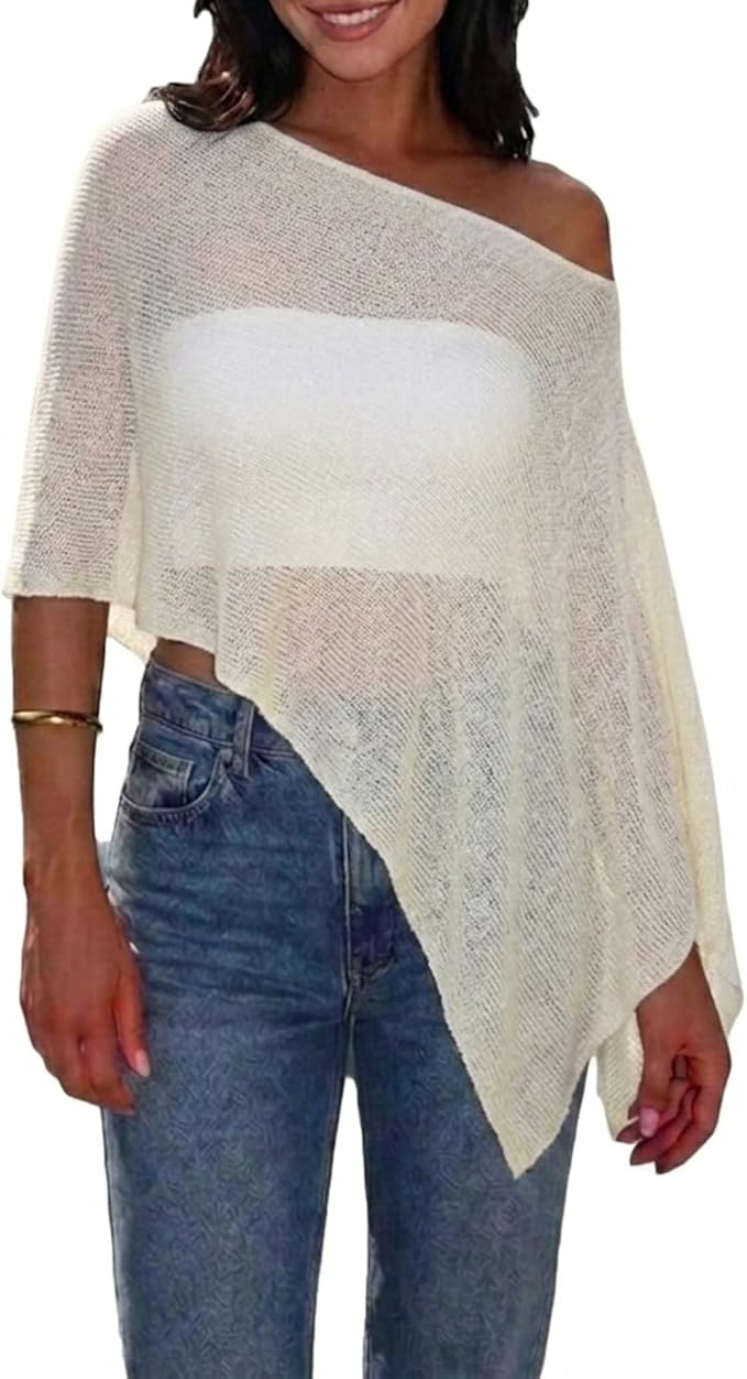Women Sheer Poncho Top Lightweight Knit Mesh Crochet Beach Cover Up Shrug Summer See Through Shaw... | Amazon (US)