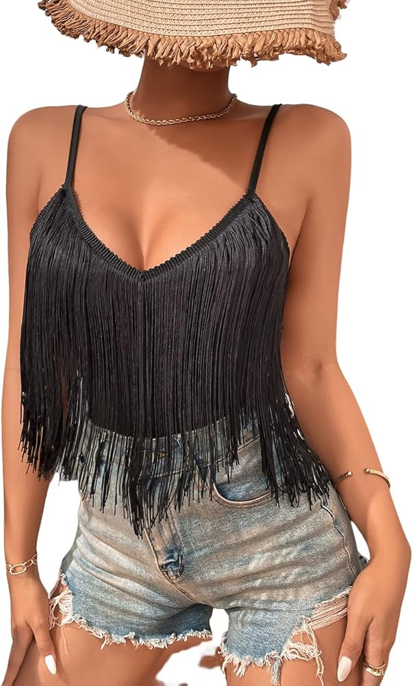 COZYEASE Women's Solid Spaghetti Strap Fringe Hem Camisole V Neck Boho Cami Crop Top | Amazon (US)