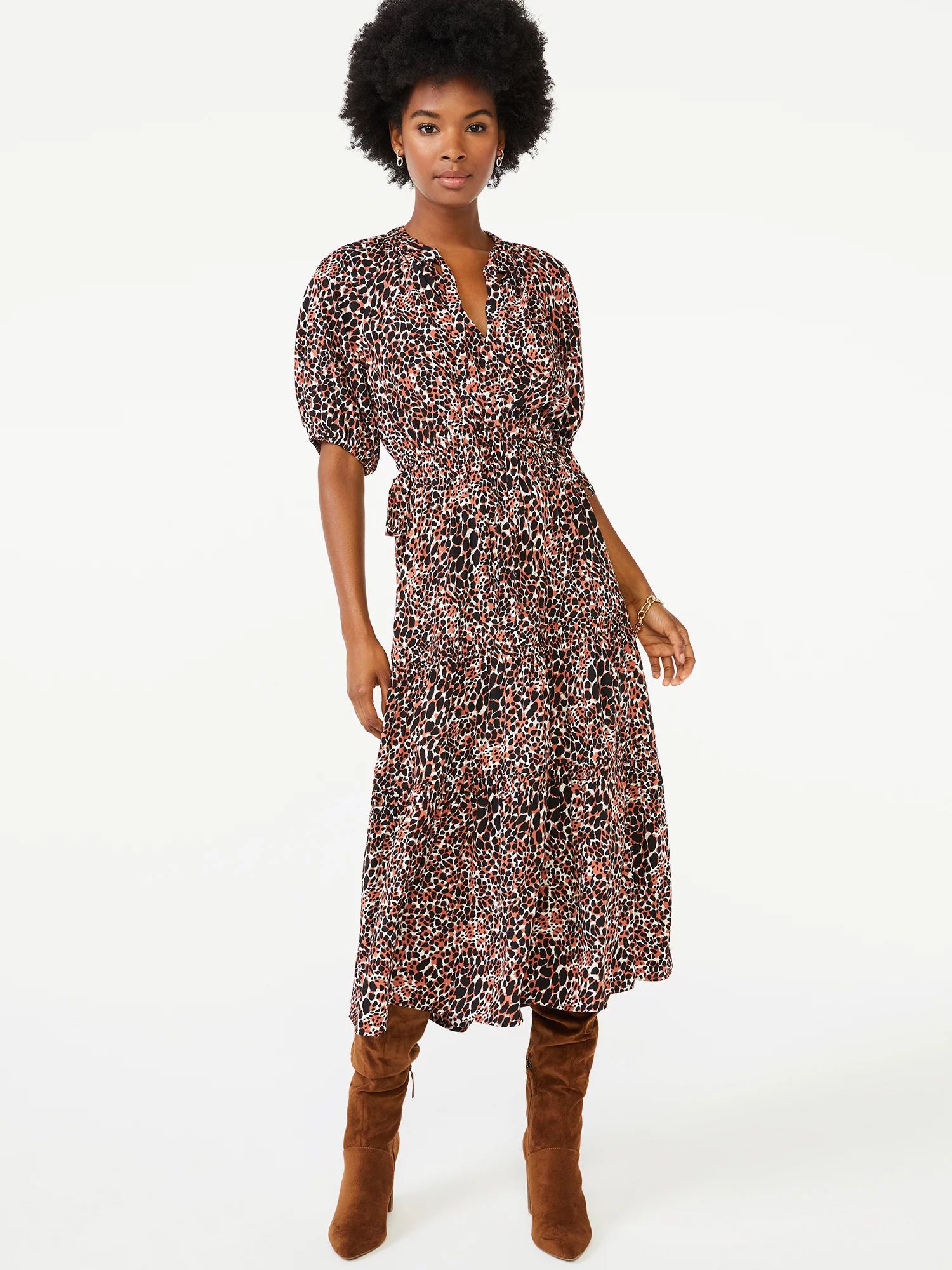 Scoop Women's Split Neck Tiered Midi Dress | Walmart (US)