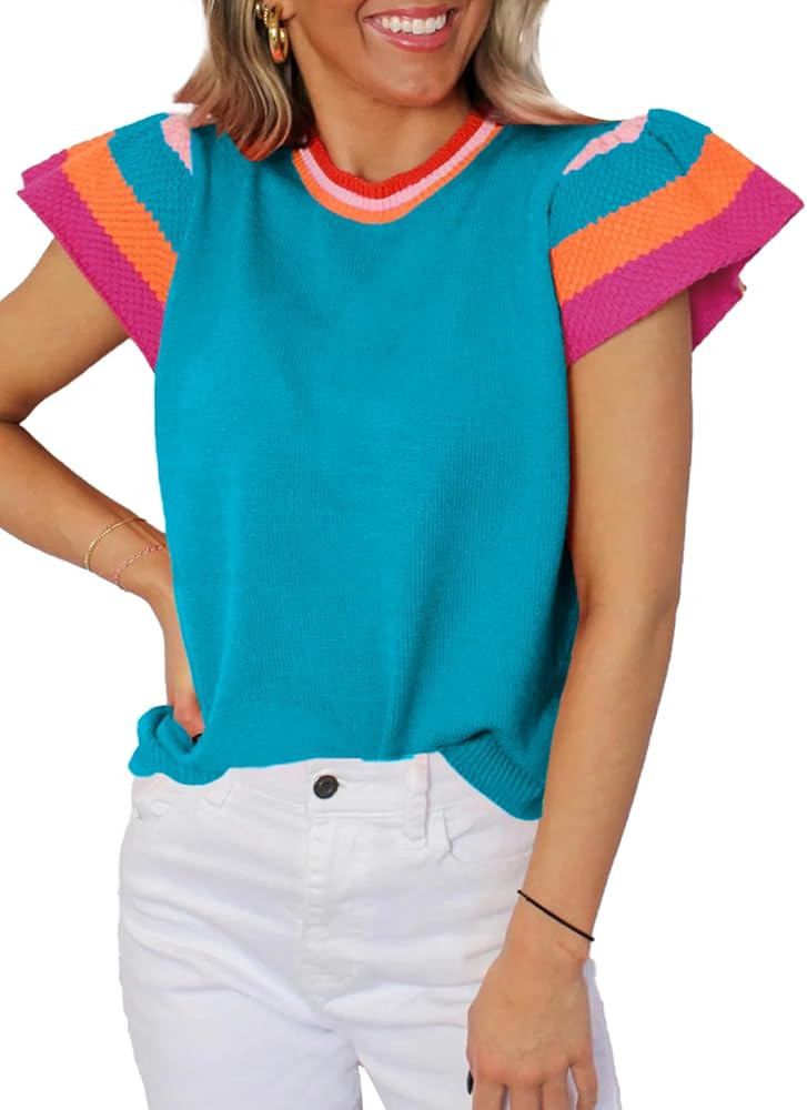 SHEWIN Womens Color Block Tops Casual Crewneck Short Sleeve Pullover Sweater Knit Lightweight Bea... | Amazon (US)