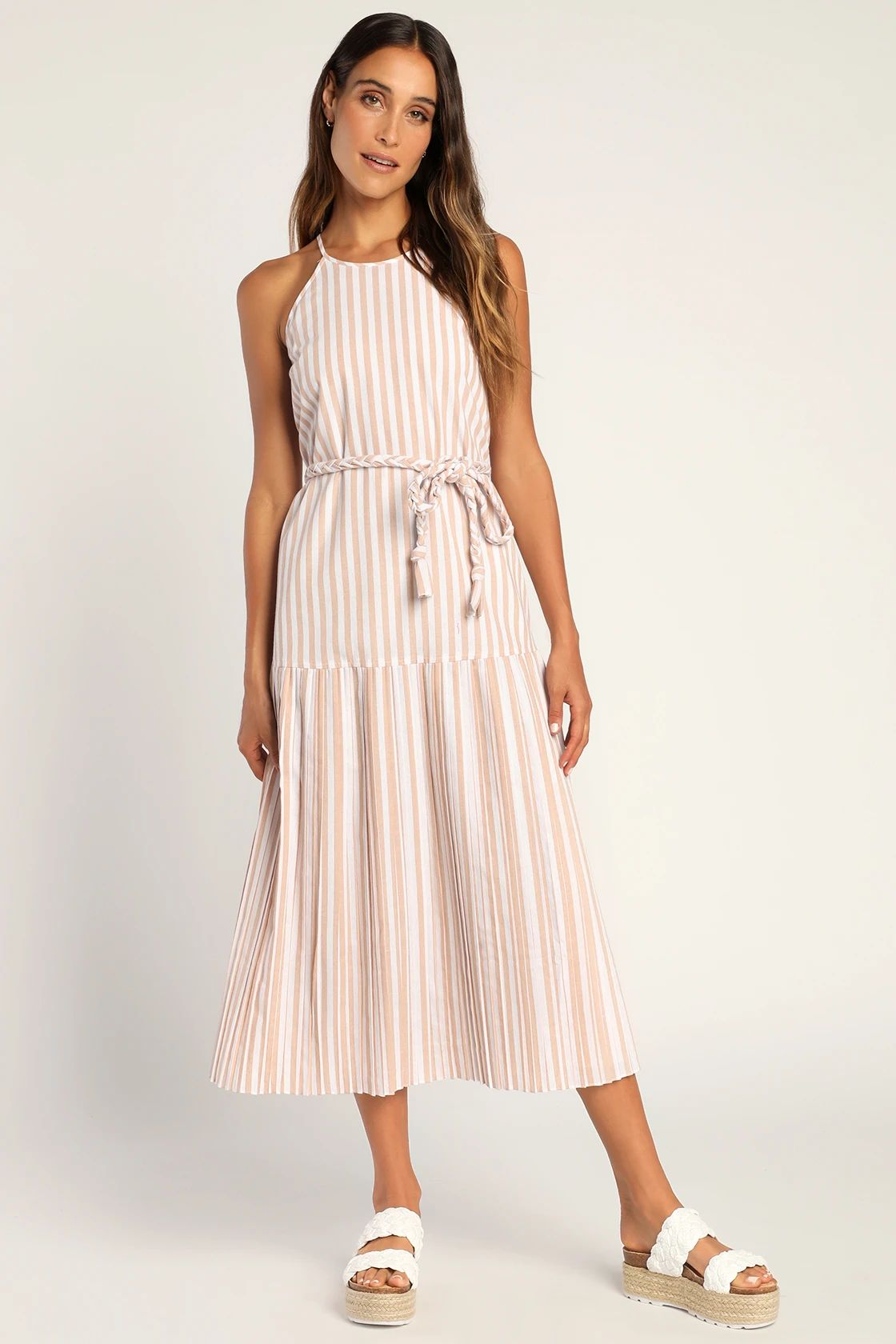 Beach Town Bound Ivory Striped Pleated Drop Waist Midi Dress | Lulus (US)