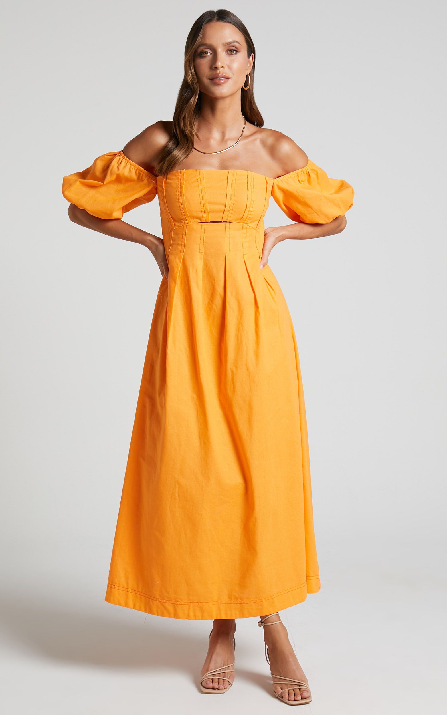 Nora Maxi Dress - Linen Off Shoulder Puff Sleeve Dress in Orange | Showpo (US, UK & Europe)