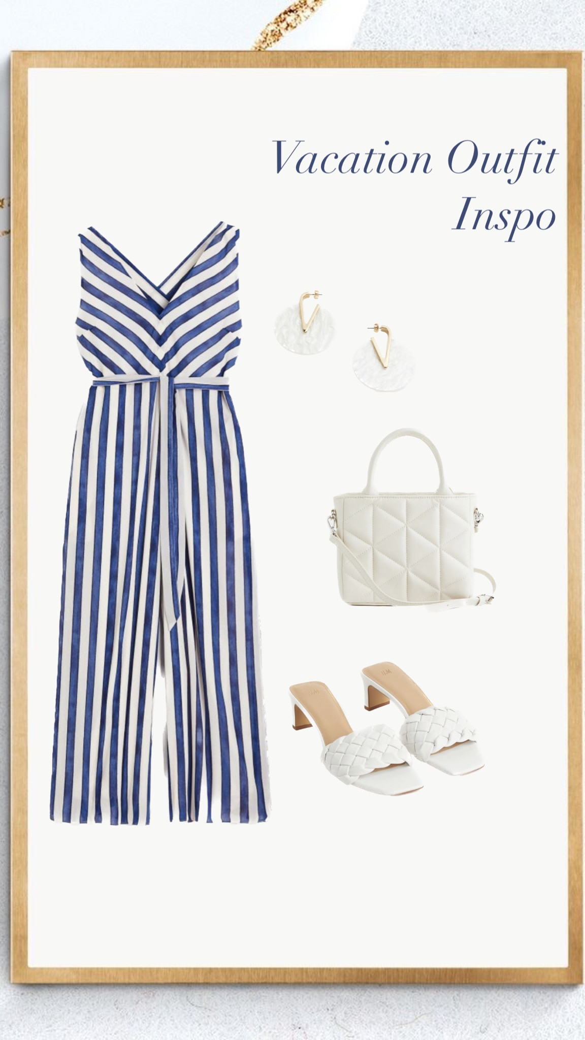 Blue and white stripes always reminds me of boating and vacation. This jumpsuit would be a perfect travel outfit. With the cross body bag and cute sandals, you are ready for some adventure!

#LTKSeasonal #LTKunder100 #LTKtravel