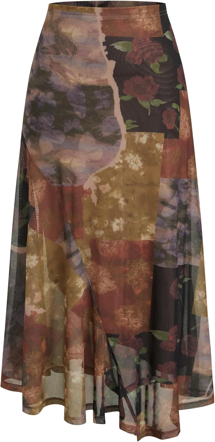 CIDER Skirts for Women Floral Mesh Maxi Asymmetrical Long Western Skirt | Amazon (US)