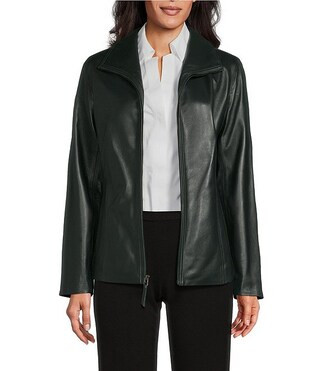 Investments Genuine Lamb Leather Long Sleeve Wing Collar Zip Front Jacket | Dillard's | Dillard's