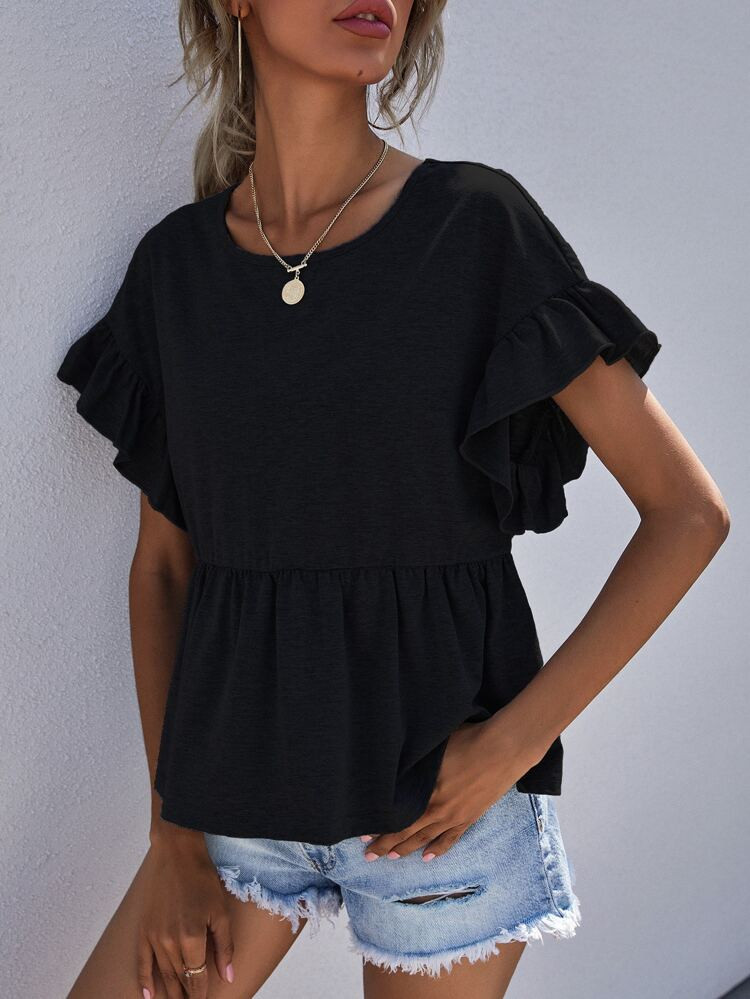 Ruffle Cuff Solid Peplum Tee | SHEIN