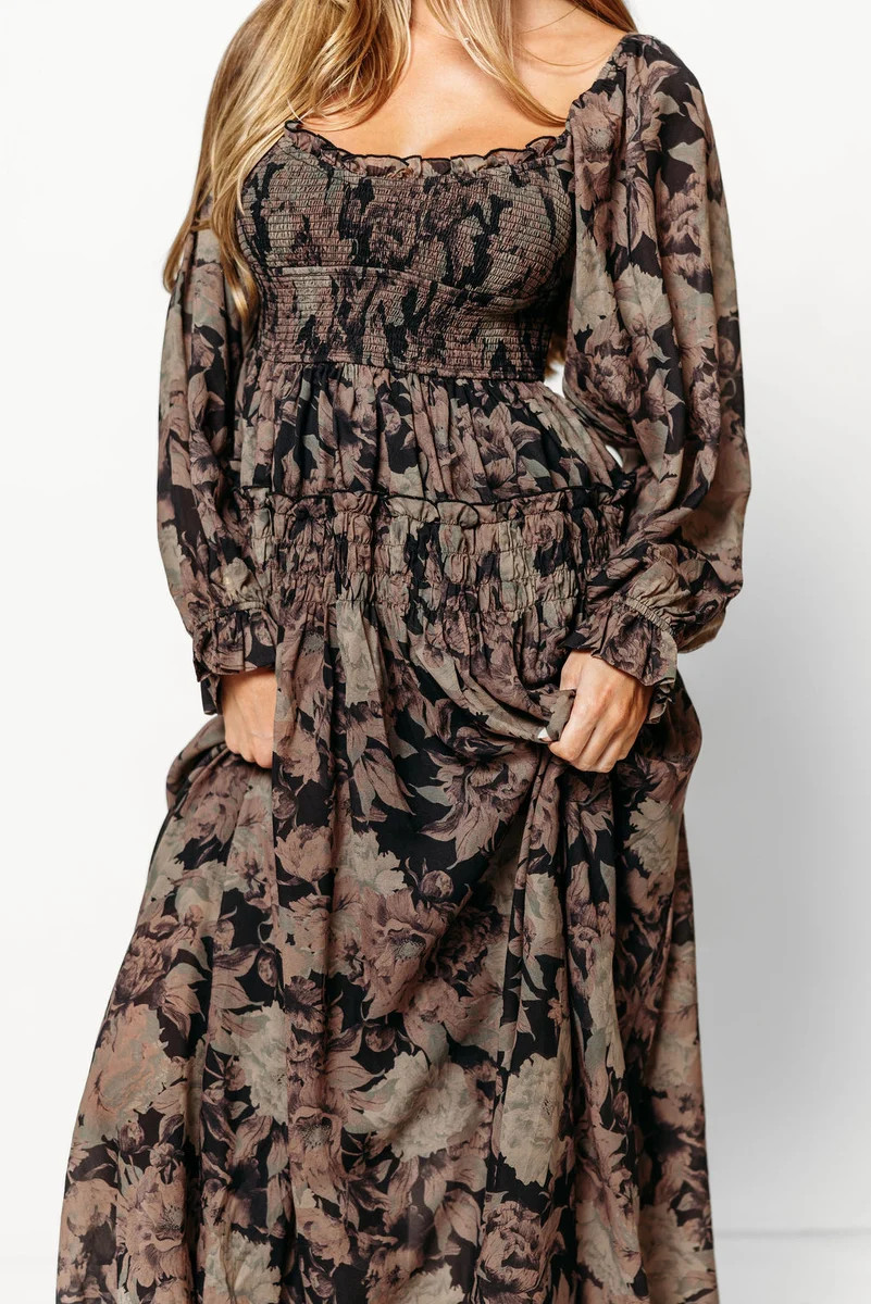 Blaine Smocked Maxi Dress in Black Floral - Bump Friendly | Worth Collective