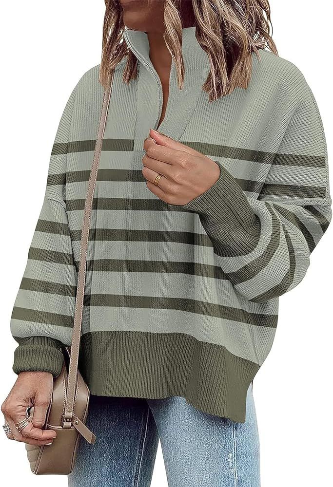 Womens Sweaters Casual Zipper Neck Knit Tops Batwing Sleeve Oversized Sweatshirt Stripes Pullover Sw | Amazon (US)