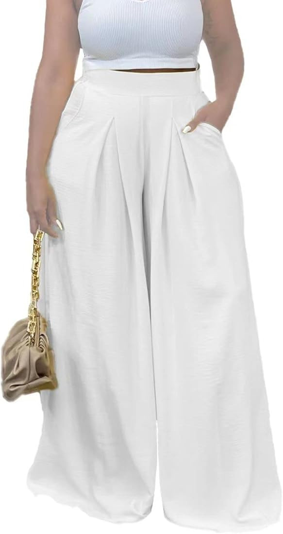 Euulin Women's Wide Leg Long Palazzo Pants High Waist Loose Fit Casual Flowy Pants Trousers with ... | Amazon (US)