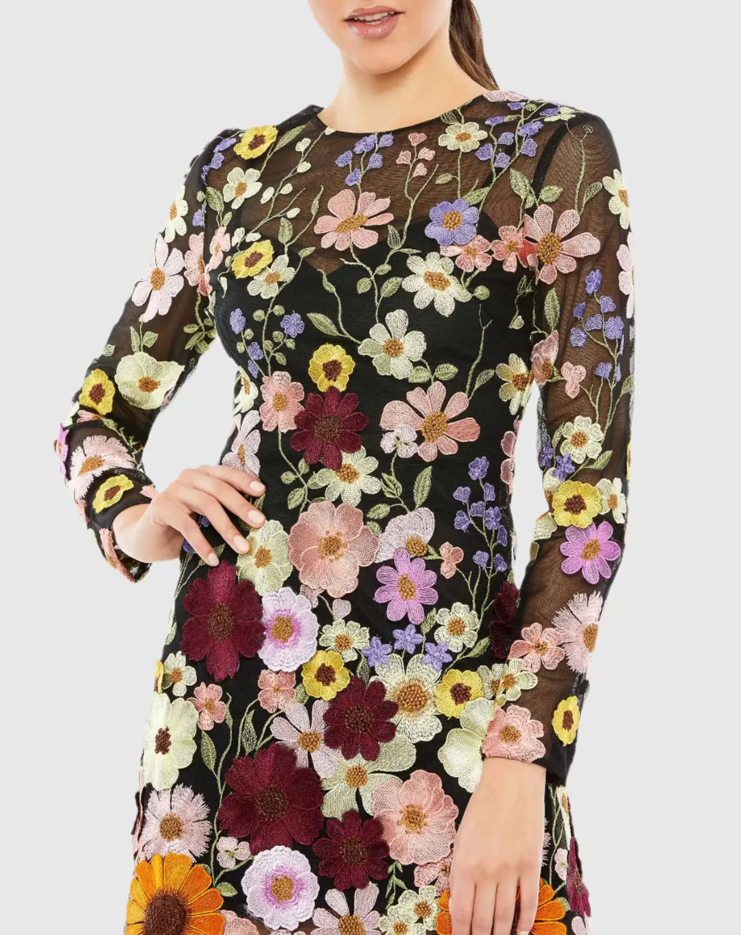 Floral Embroidered Long Sleeve Mini Dress | Mac Duggal