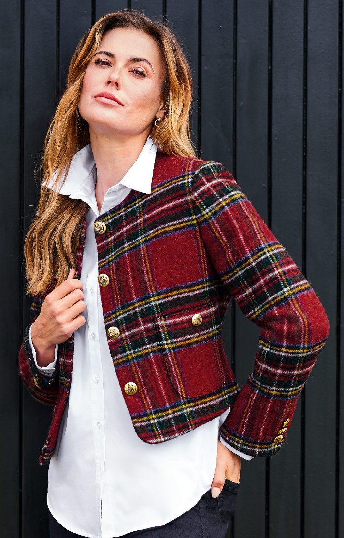 Ladies Tartan Tweed Gold Button Crew Blazer | The House Of Bruar