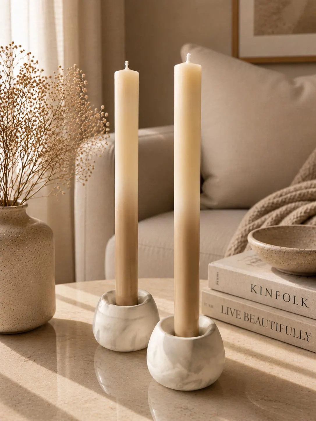 Ombre Taper Candles Set of 2, Soy Wax Dinner Candles, Neutral Handmade Candles, Minimalist Decor, Earthy Handmade Candles, Boho Table Decor | Etsy (Global)